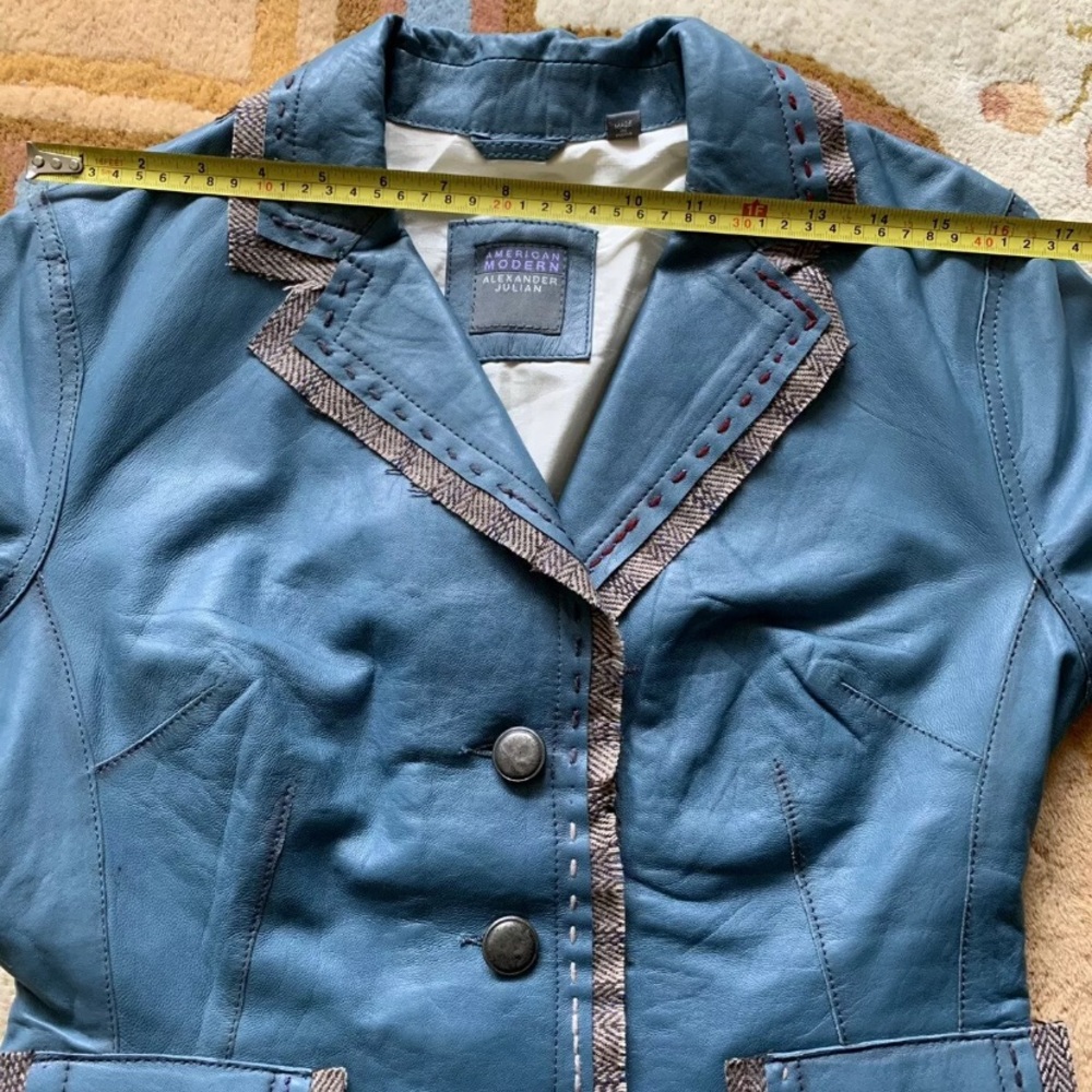 Blue Leather Jacket With Brown Thread Lining Small - Picture 10 of 11